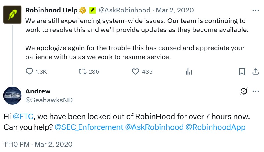 Screenshot of a 2020 post from Robinhood during a major outage.